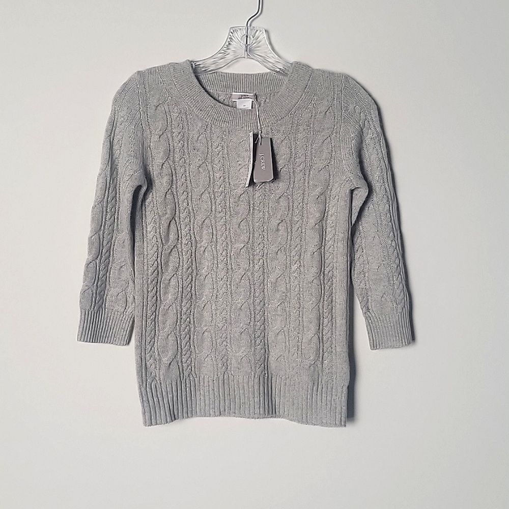 NWT J Crew XS 100% Cashmere Cable Knit Wool Long Sleeve Crew Sweater Gray Y2K